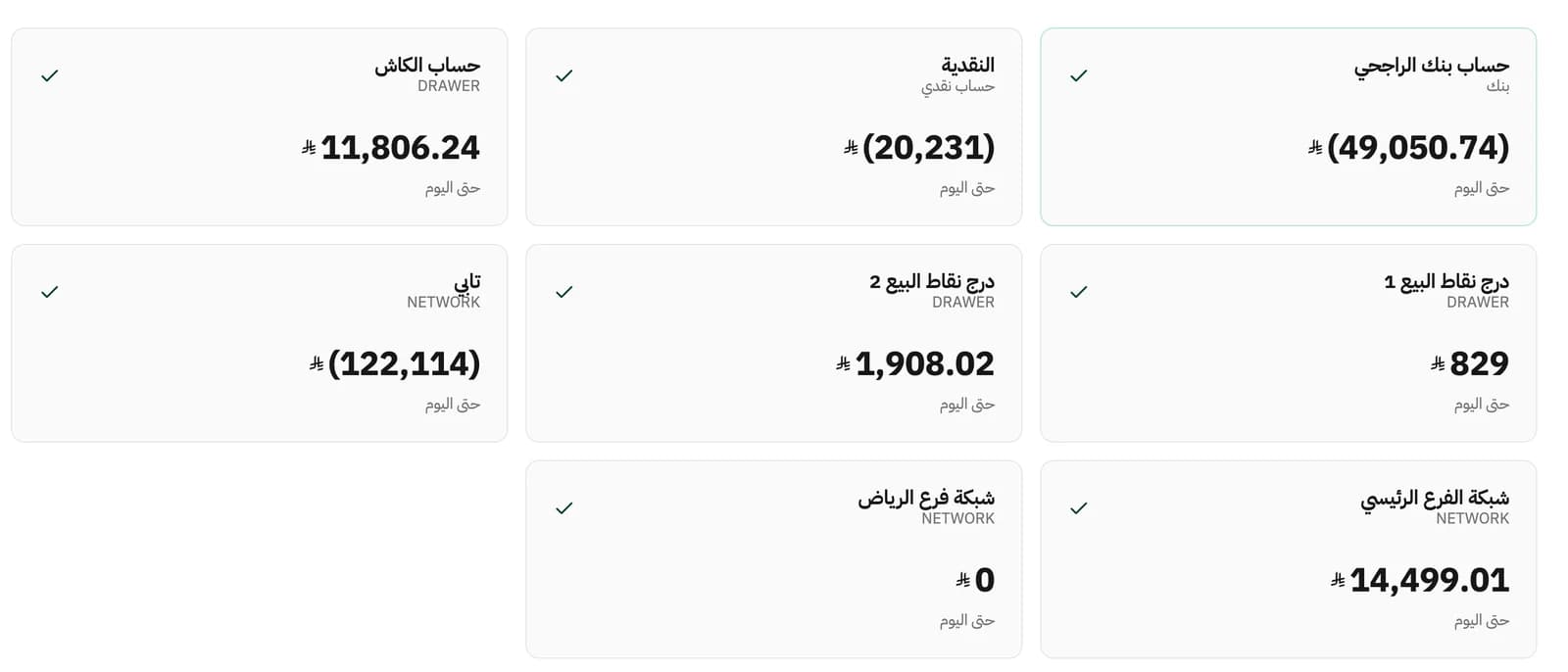 شاشة النقد والبنوك في حسيم تعرض أرصدة حسابات البنك والنقدية ودرج نقاط البيع وحسابات الشبكة.