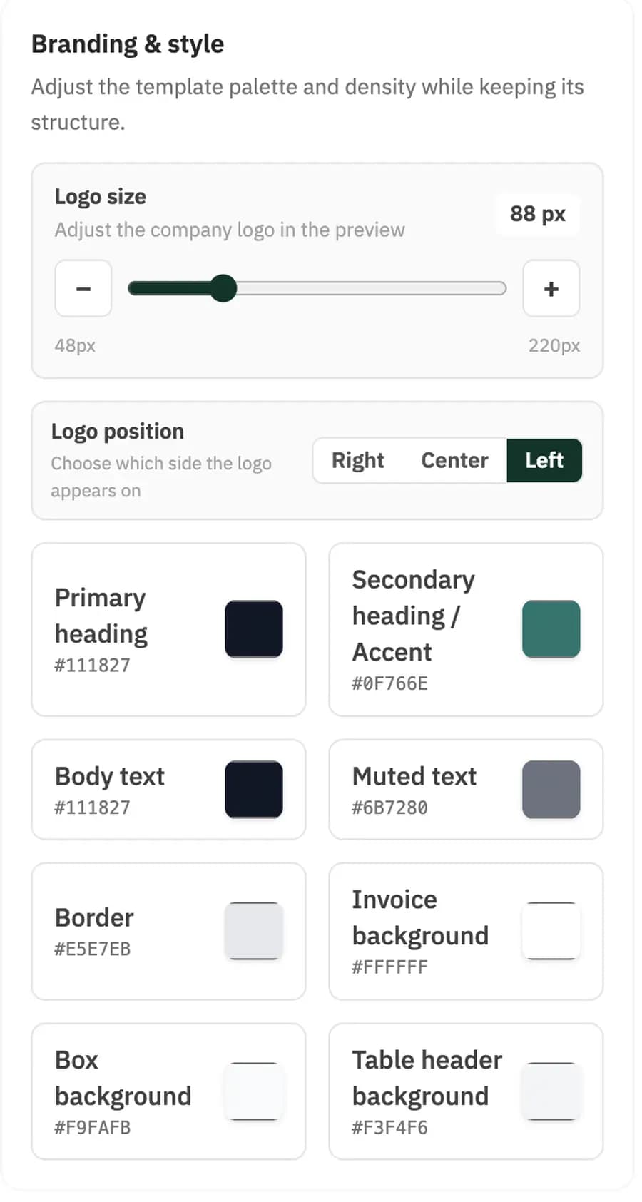 The branding and style panel in Haseem — logo size slider, logo position control, and eight colour slots