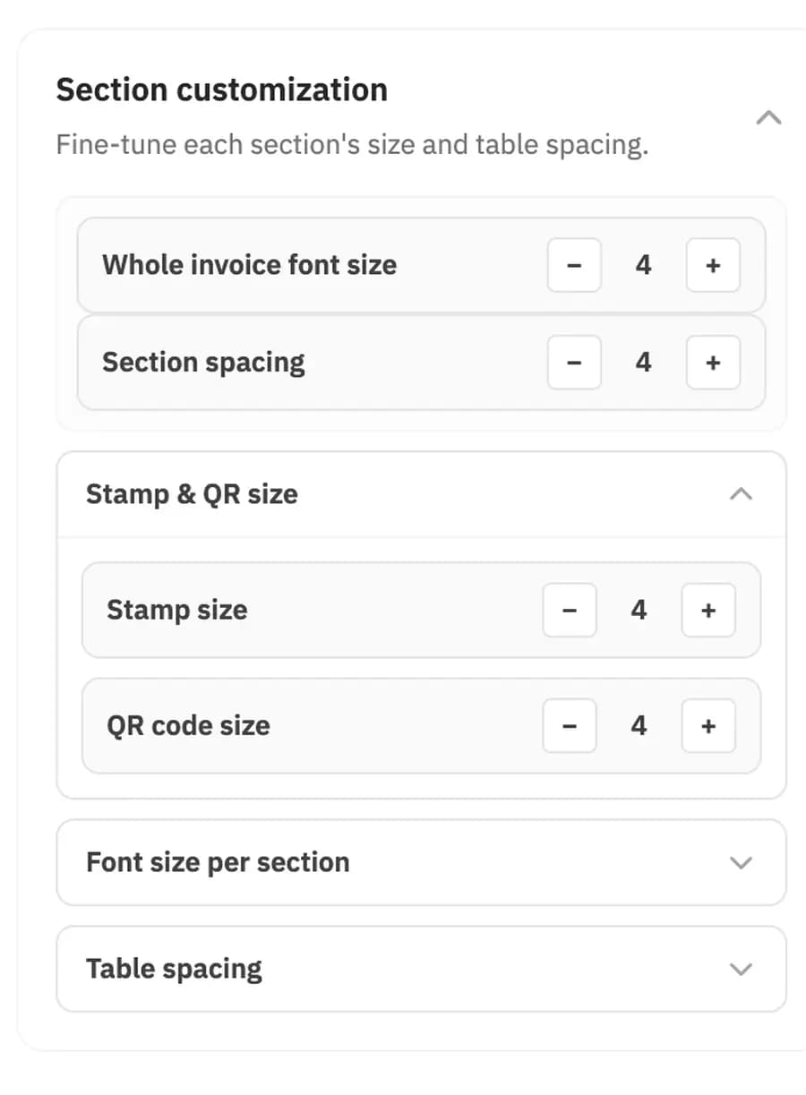 The section customisation panel in Haseem — whole invoice font size, section spacing, stamp size, and QR code size