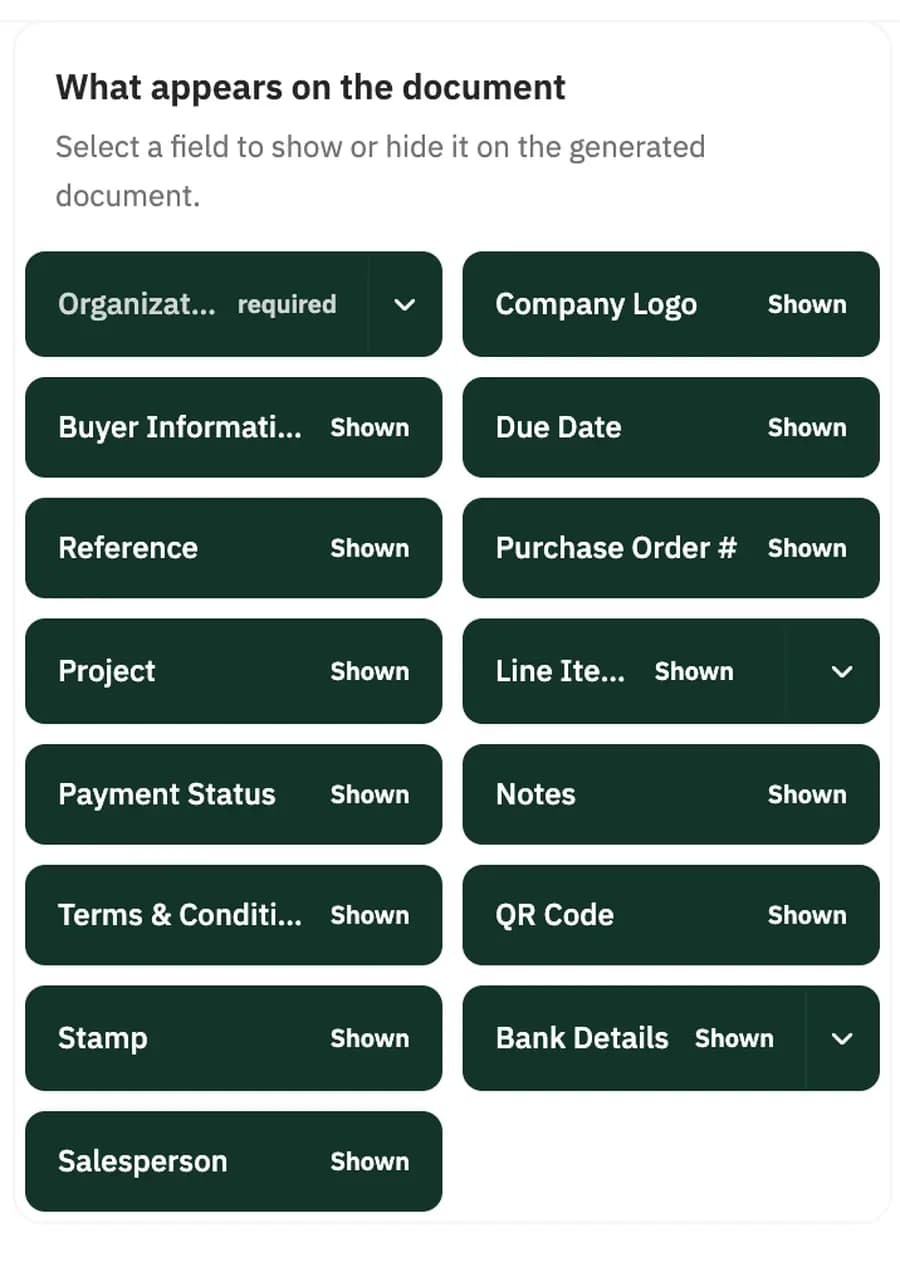 The what-appears-on-the-document panel in Haseem — the list of fields you can show or hide