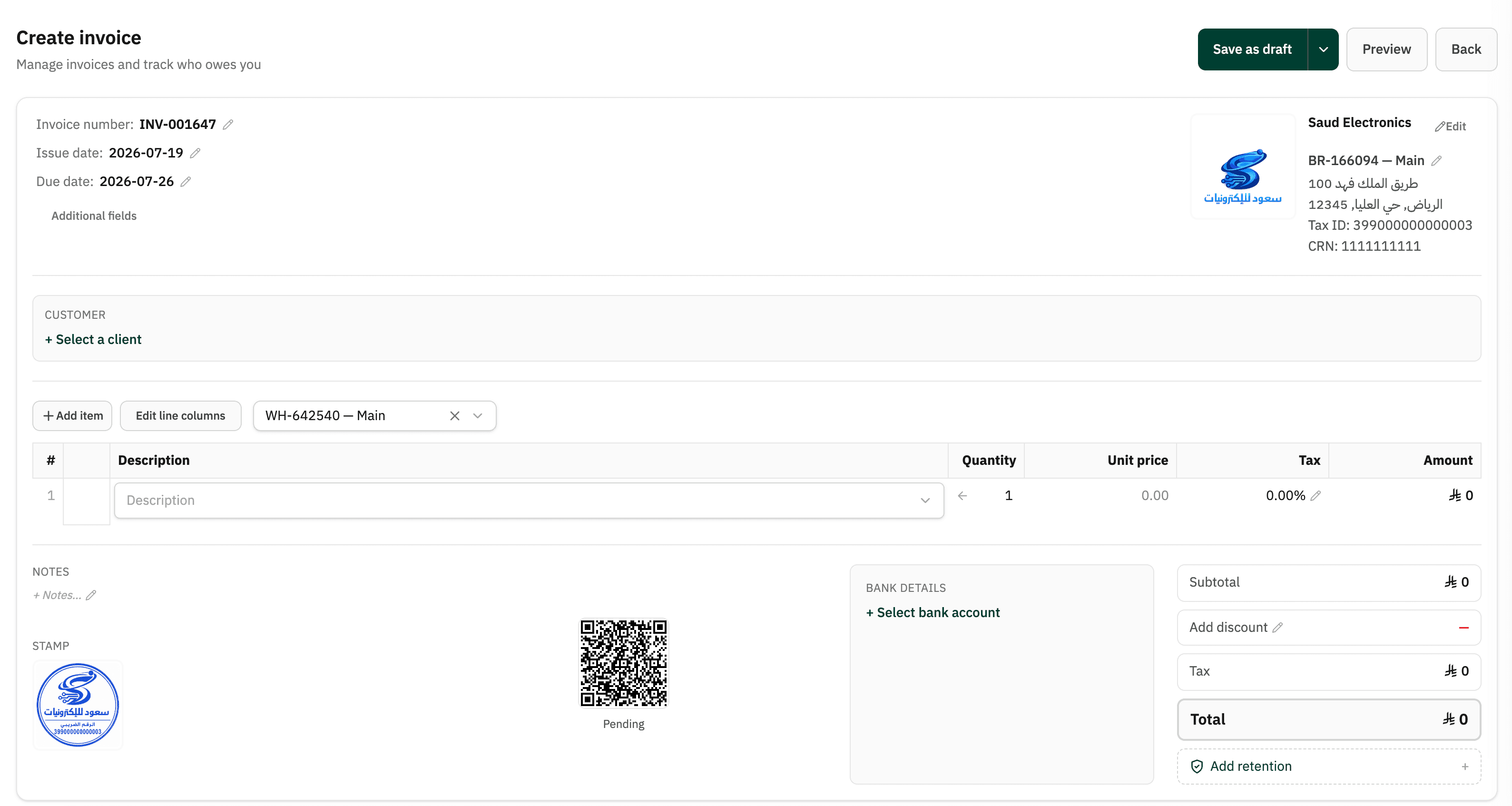 Create invoice screen in Haseem — company details, line items, VAT, totals, QR code, bank details, stamp, and retention