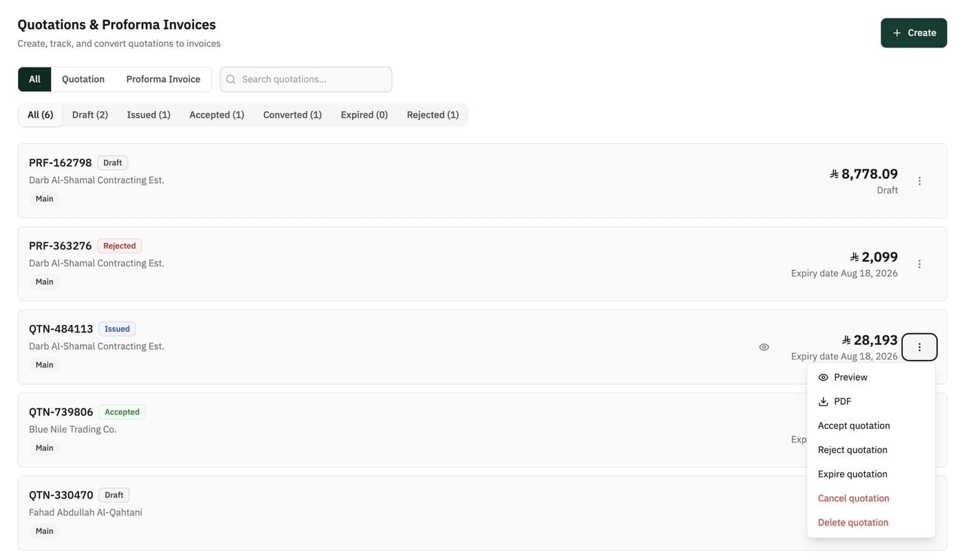 Haseem quotations and proforma invoices management screen: a list of documents with their statuses and an actions menu