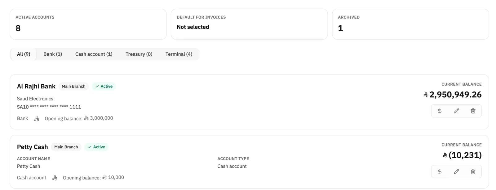Haseem account list with type filters, current balance, opening balance, and branch.